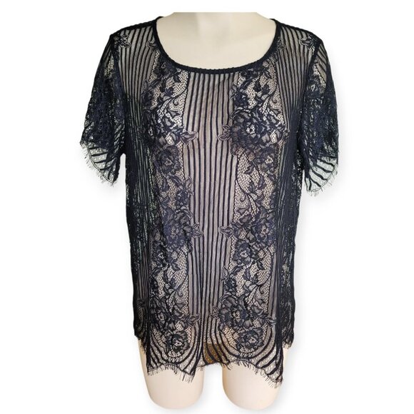 For Love and Lemons Black Semi-Sheer Lace Overlay Top Size L - Picture 3 of 11